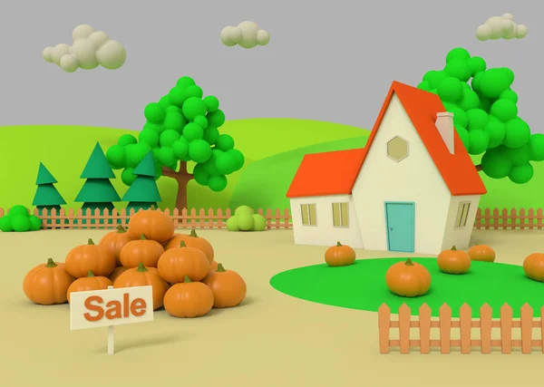 Maison dans le domaine des citrouilles sur le fond des antécédents d'automne. Paysage rural pittoresque avec récolte en style dessin animé. rendu 3D . — Photo