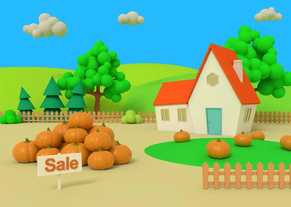 Paysage rural pittoresque avec récolte en style dessin animé. Maison dans le domaine des citrouilles sur le fond des antécédents d'automne. rendu 3D . — Photo