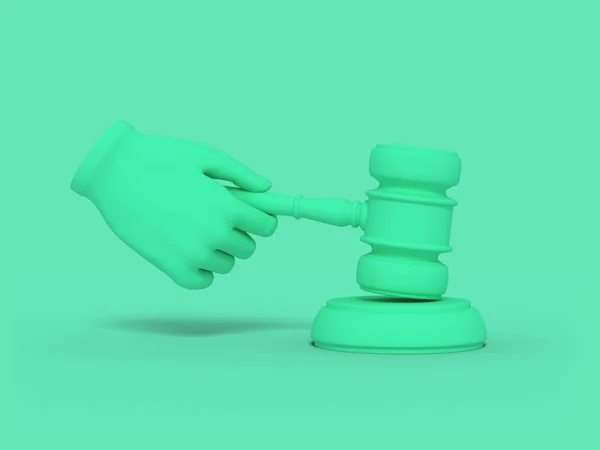 La mano de dibujos animados sostiene el mazo de un juez. Ilustración sobre fondo de color verde. Representación en 3D . — Foto de Stock