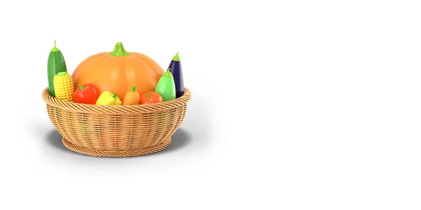 Kosz z jesiennym zbiorem warzyw na białym kolorowym tle. Dynia, kukurydza, cukinia, bakłażan, pomidor, papryka w stylu kreskówki. Renderowanie 3D. — Zdjęcie stockowe