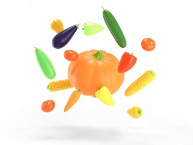 Beyaz renkli bir arka plan üzerinde uçan sebzeler. Kabak, mısır, biber, patlıcan, kabak, karikatür tarzında domates. Olgun bir sonbahar hasadının canlı bir örneği. 3d işlenmiş