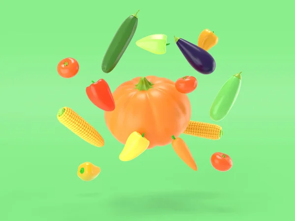 Légumes volant sur un fond de couleur verte. Citrouille, maïs, poivre, aubergine, courgette, tomate en dessin animé. Illustration vivante d'une récolte d'automne mûre. rendu 3D — Photo