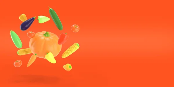 Vegetables flying on a red colored background. Pumpkin, corn, pepper, eggplant, zucchini, tomato in cartoon style. A vivid illustration of a ripe autumn harvest. 3D rendered