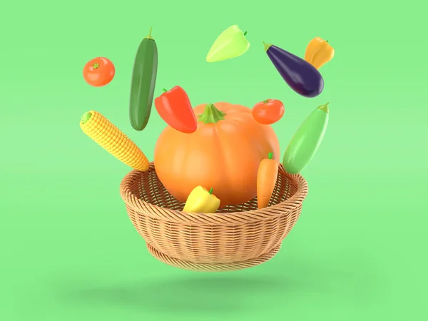 Gemüse fliegt über einen Korb auf grünem Hintergrund. Kürbis, Mais, Paprika, Auberginen, Zucchini, Tomaten im Comic-Stil. eine anschauliche Illustration einer reifen Herbsternte. 3D gerendert — Stockfoto