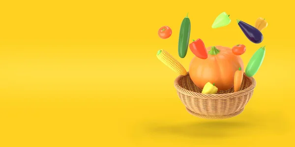 Zöldség repül át egy kosár egy sárga színű háttérrel. Sütőtök, kukorica, bors, padlizsán, cukkini, paradicsom rajzfilm stílusban. Egy érett őszi betakarítás élénk illusztrációja. 3D renderelt — Stock Fotó