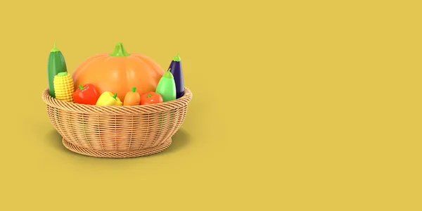 Ein Korb mit einer Herbsternte von Gemüse auf gelbem Hintergrund. Kürbis, Mais, Zucchini, Auberginen, Tomaten, Paprika im Cartoon-Stil. 3D-Darstellung. — Stockfoto