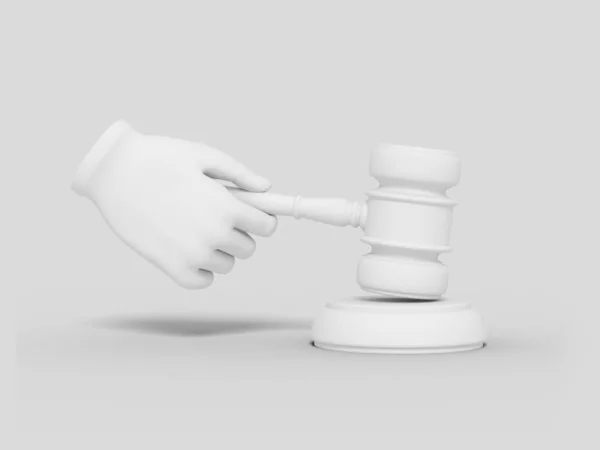 Cartoon hand is holding a judge's gavel. Illustration on white color background. 3D-rendering. — Stock Photo, Image