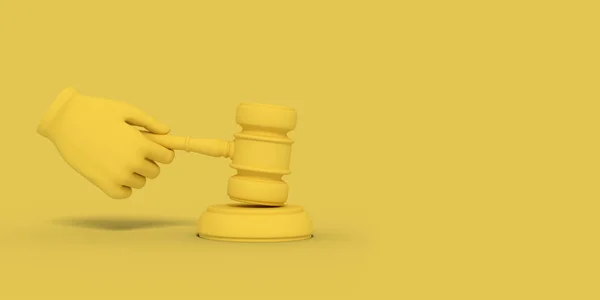 Cartoon ręka trzyma sędziego gavel. Ilustracja na żółtym tle koloru. Renderowanie 3D. — Zdjęcie stockowe