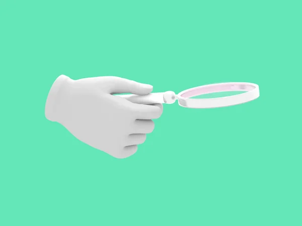 Cartoon hand holding magnifier. Illustration on green color background. 3D-rendering. — Stock Photo, Image