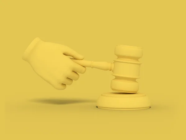 A mão dos desenhos animados está a segurar o martelo de um juiz. Ilustração sobre fundo de cor amarela. Renderização 3D . — Fotografia de Stock