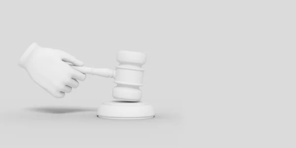 Cartoon hand is holding a judge's gavel. Illustration on white color background. 3D-rendering. — Stock Photo, Image