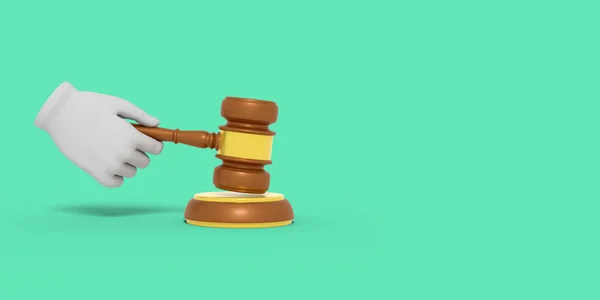 La mano dei cartoni animati tiene il martelletto di un giudice. Illustrazione su sfondo a colori. Rendering 3D . — Foto Stock