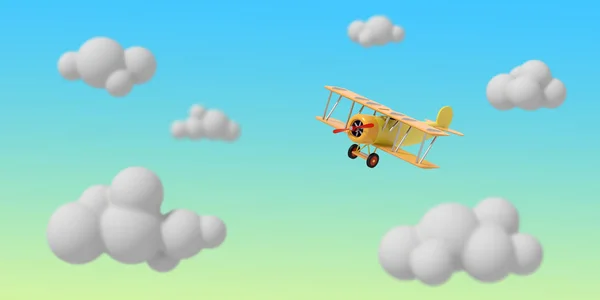 Avion jouet vole parmi les nuages de dessin animé contre le ciel. Illustration brillante pour enfants. rendu 3D . — Photo