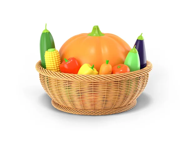 Un panier avec une récolte d'automne de légumes sur un fond de couleur blanche. Citrouille, maïs, courgettes, aubergine, tomate, poivre dans un style dessin animé. rendu 3D . — Photo