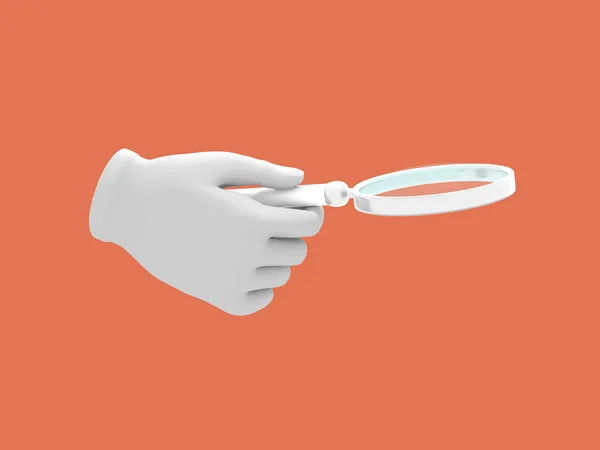 Cartoon hand holding magnifier. Illustration on red color background. 3D-rendering. — Stock Photo, Image