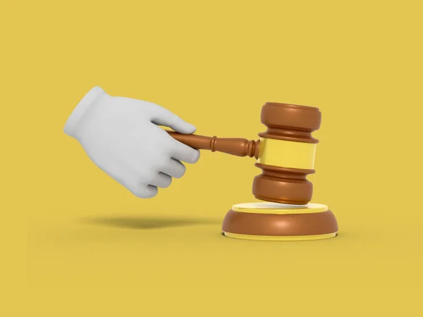 A mão dos desenhos animados está a segurar o martelo de um juiz. Ilustração sobre fundo de cor. Renderização 3D . — Fotografia de Stock