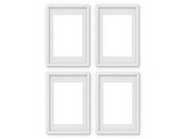 Kenarlıklı 4 dikey A4 beyaz basit resim çerçevesi ayarlayın. Fotoğraf için mockup. 3d render