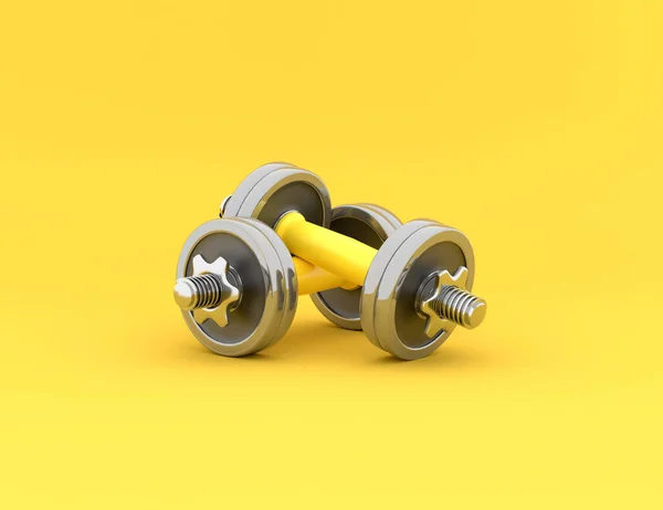 Twee glanzende ijzeren geïsoleerde dumbbells. 3D-rendering — Stockfoto