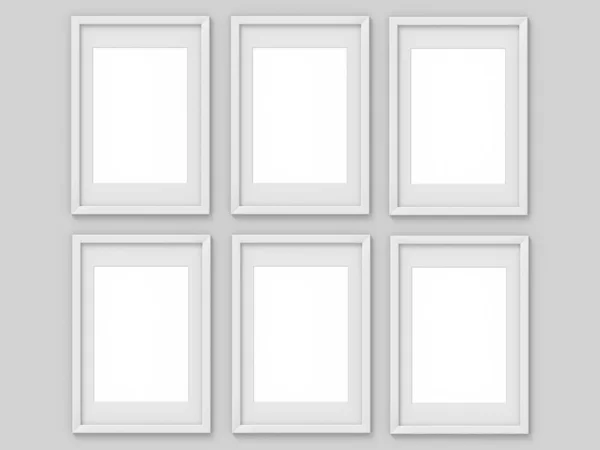 Set of 6 vertical A4 white simple picture frame with a border. Mockup for photography. 3D rendering — Stock Photo, Image