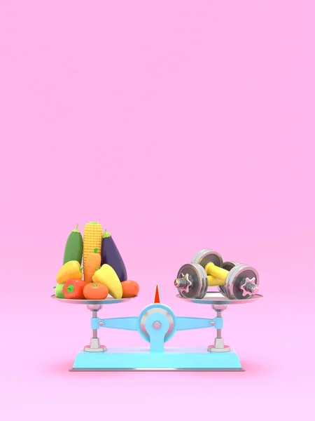 Fresh vegetables and dumbbells on different scales. Conceptual illustration with empty place for text. 3d rendering — Stock Photo, Image