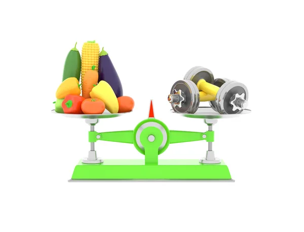 Свежие овощи и гантели на разных весах. Концептуальная иллюстрация с пустым местом для текста. 3d-рендеринг — стоковое фото