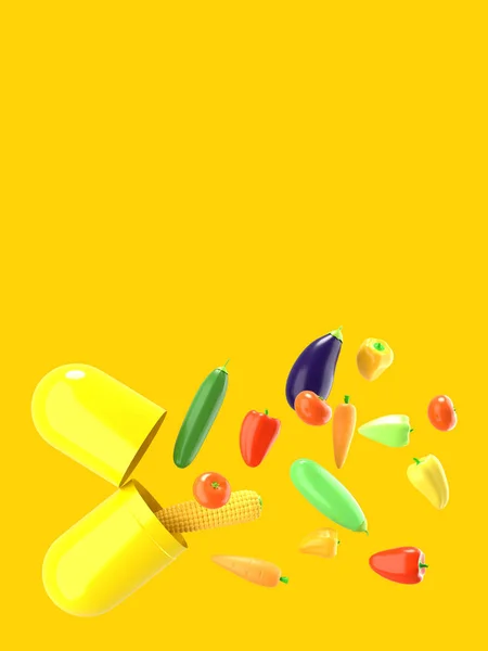 Fresh vegetables fly out of the pill. Conceptual illustration of nutritional supplements with empty space for text. 3D rendering. — Stock Photo, Image