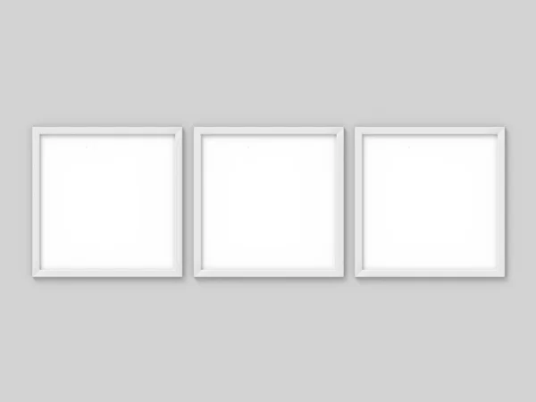 Set aus 3 quadratischen weißen einfachen Bilderrahmen. Attrappe für die Fotografie. 3D-Darstellung — Stockfoto