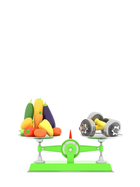 Frisches Gemüse und Hanteln auf verschiedenen Waagen. konzeptionelle Illustration mit leerem Platz für Text. 3D-Darstellung — Stockfoto