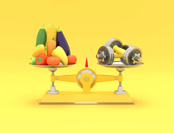 Verduras frescas y pesas a diferentes escalas. Ilustración conceptual con lugar vacío para el texto. renderizado 3d —  Fotos de Stock