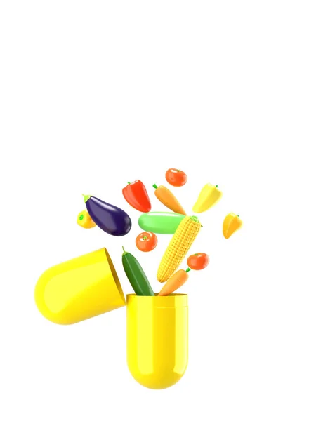 新鮮な野菜が錠剤から飛び出す。テキスト用の空きスペースを持つ栄養補助食品の概念図。3D レンダリング. — ストック写真