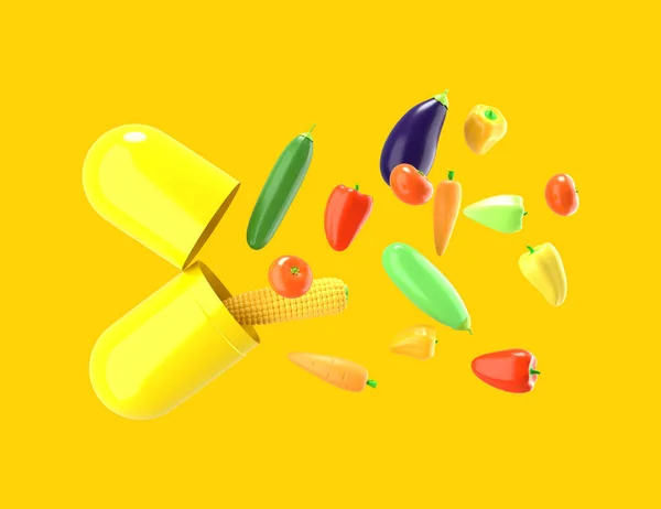Legumes frescos voam da pílula. Ilustração conceitual de suplementos nutricionais com espaço vazio para texto. Renderização 3D . — Fotografia de Stock