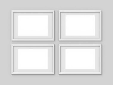 Kenarlıklı 4 yatay A4 beyaz basit resim çerçevesi ayarlayın. Fotoğraf için mockup. 3d render
