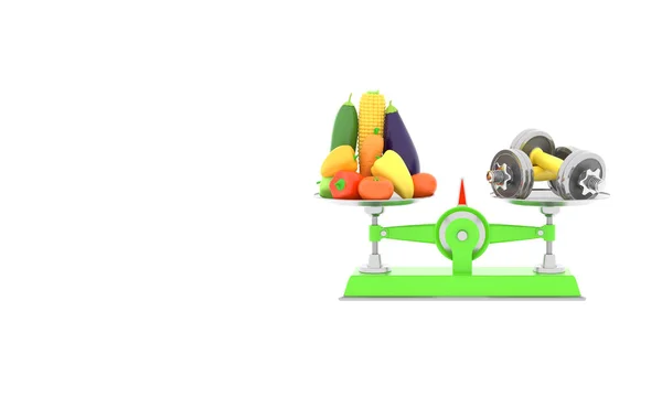 新鲜蔬菜和不同尺度的哑铃。带有空白文本位置的概念插图。3d 渲染 — 图库照片