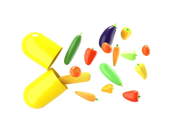 Fresh vegetables fly out of the pill. Conceptual illustration of nutritional supplements with empty space for text. 3D rendering.
