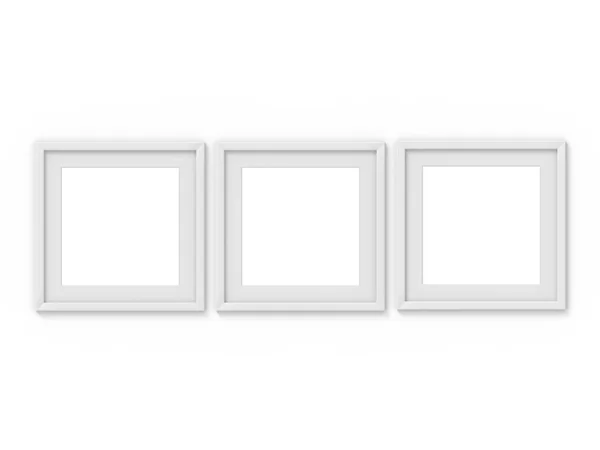 Conjunto de 3 quadro de imagem simples branco quadrado com uma borda. Mockup para fotografia. Renderização 3D — Fotografia de Stock