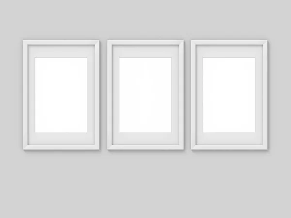 Conjunto de 3 moldura de imagem simples A4 branco vertical com uma borda. Mockup para fotografia. Renderização 3D — Fotografia de Stock