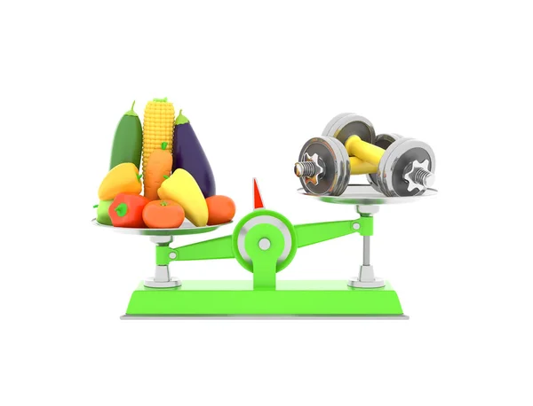 Свежие овощи и гантели на разных весах. Концептуальная иллюстрация с пустым местом для текста. 3d-рендеринг — стоковое фото