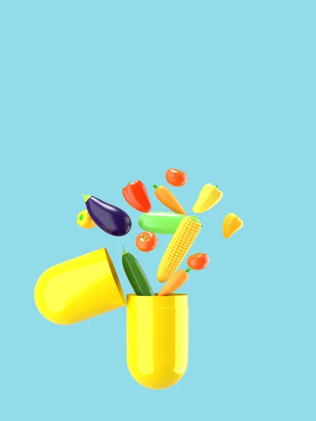 Świeże warzywa wylatają z pigułki. Koncepcyjna ilustracja suplementów diety z pustym miejscem na tekst. Renderowanie 3D. — Zdjęcie stockowe