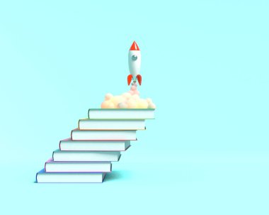 Oyuncak roket mavi bir arka plan üzerinde duman püskürtme kitaplardan çıkar. Eğitim ve bilgi arzusunun sembolü. Okul illüstrasyonu. 3d render.