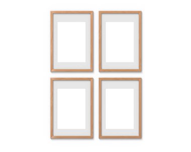 Duvarda asılı bir sınır ile 4 dikey ahşap çerçeveler mockup ayarlayın. Resim veya metin için boş taban. 3d render.