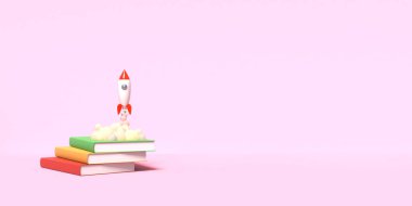 Oyuncak roket, pembe bir arka plan üzerinde duman püskürten kitaplardan havalanıyor. Eğitim ve bilgi arzusunun sembolü. Okul illüstrasyonu. 3d render.