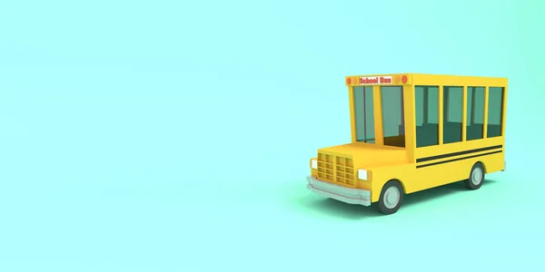 Desenhos animados ônibus escolar amarelo em um fundo azul. Ilustração escolar isolada simples. Renderização 3D . — Fotografia de Stock