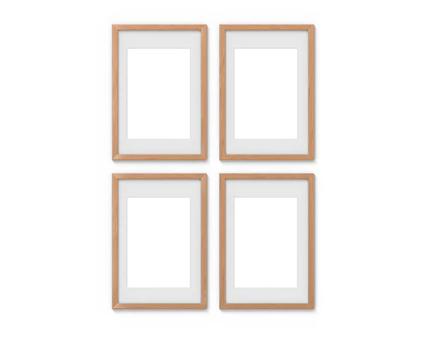 Set of 4 vertical wooden frames mockup with a border hanging on the wall. Empty base for picture or text. 3D rendering. — Stock Photo, Image