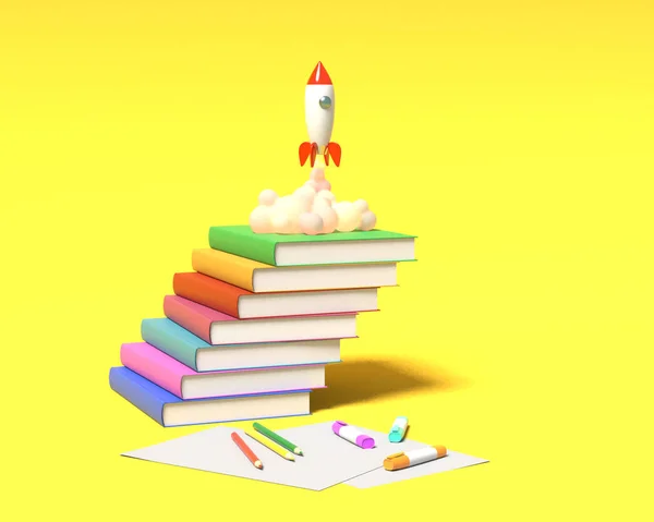 Игрушечная ракета взлетает из книг, извергая дым на желтый фон. Символ желания получить образование и знания. Школьная иллюстрация. 3D рендеринг . — стоковое фото