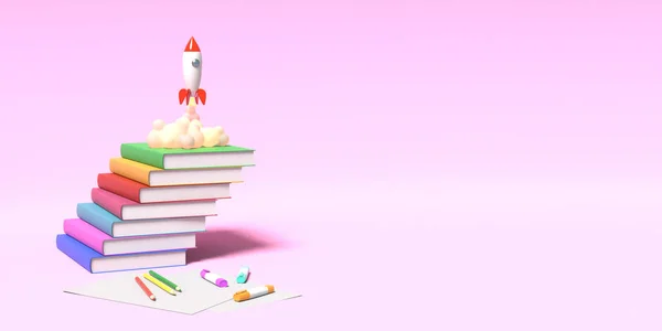 玩具火箭从书本上起飞，在粉红色的背景上喷出烟雾。教育和知识欲望的象征。学校插图。3d 渲染. — 图库照片