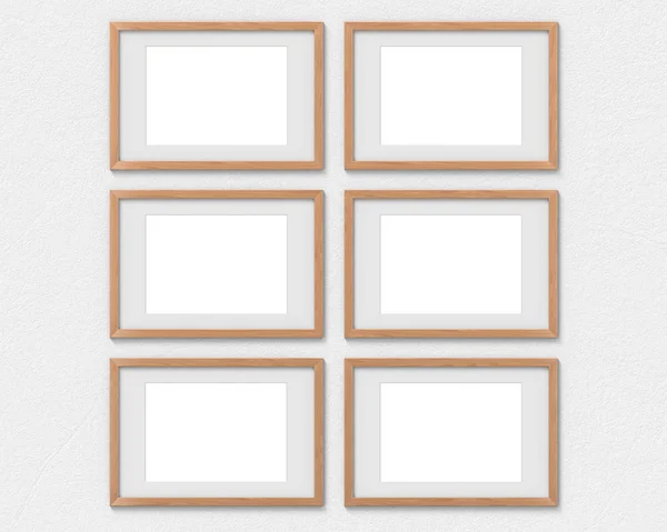 Conjunto de 6 molduras horizontais de madeira mockup com uma borda pendurada na parede. Base vazia para imagem ou texto. Renderização 3D . — Fotografia de Stock