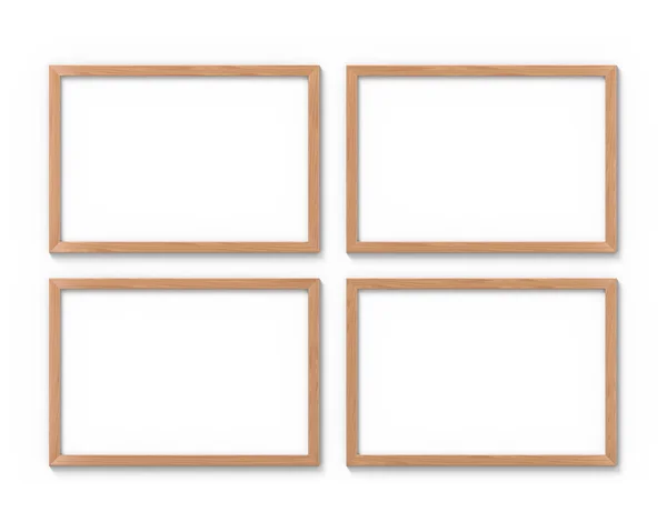Conjunto de 4 marcos horizontales de madera maqueta colgando en la pared. Base vacía para imagen o texto. Renderizado 3D . —  Fotos de Stock