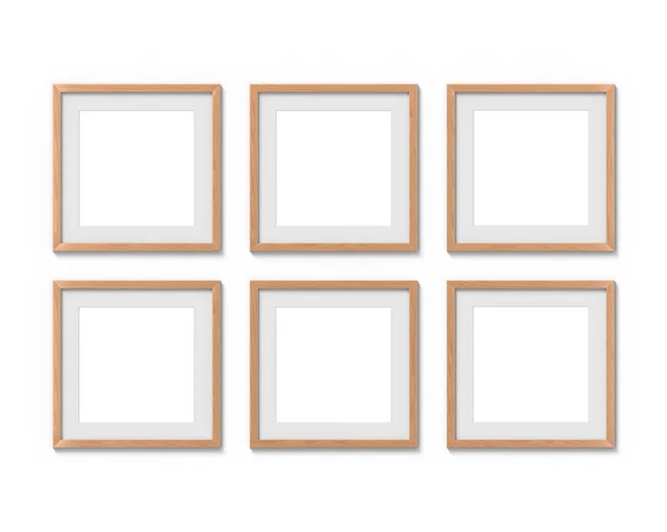 Набір з 6 квадратних дерев'яних рамок макет з кордоном, що висить на стіні. Порожня основа для зображення або тексту. 3D візуалізація . — стокове фото