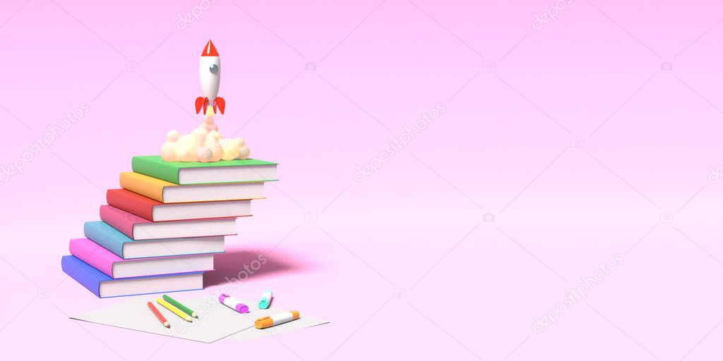 Toy rocket takes off from the books spewing smoke on a pink background. Symbol of desire for education and knowledge. School illustration. 3D rendering.