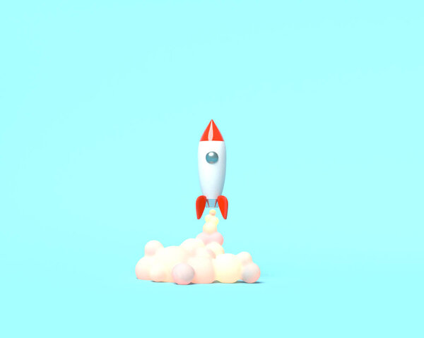 Toy rocket takes off from the books spewing smoke on a blue background. Symbol of desire for education and knowledge. School illustration. 3D rendering.